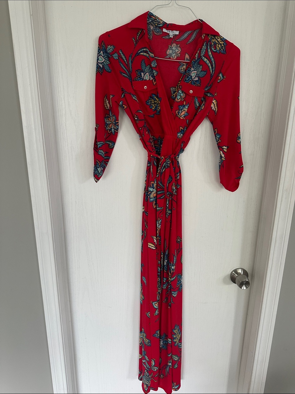 iris Red Floral Wrap Maxi Dress with Tie Waist and front slit